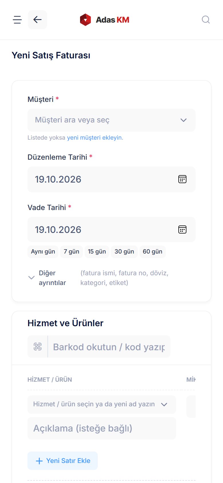 Telefonda yeni satış faturası formu