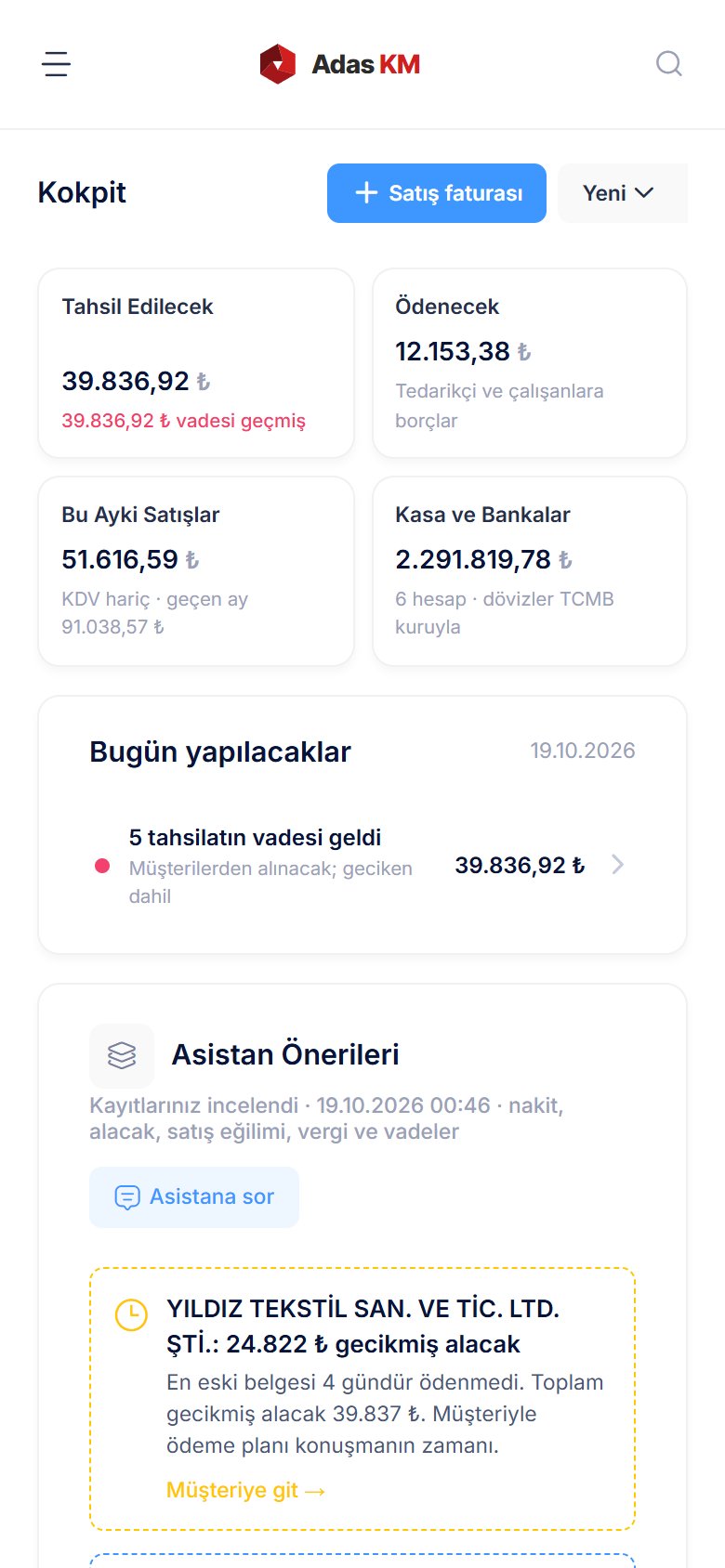 Telefonda kokpit: tahsil edilecek, ödenecek, kasa ve banka